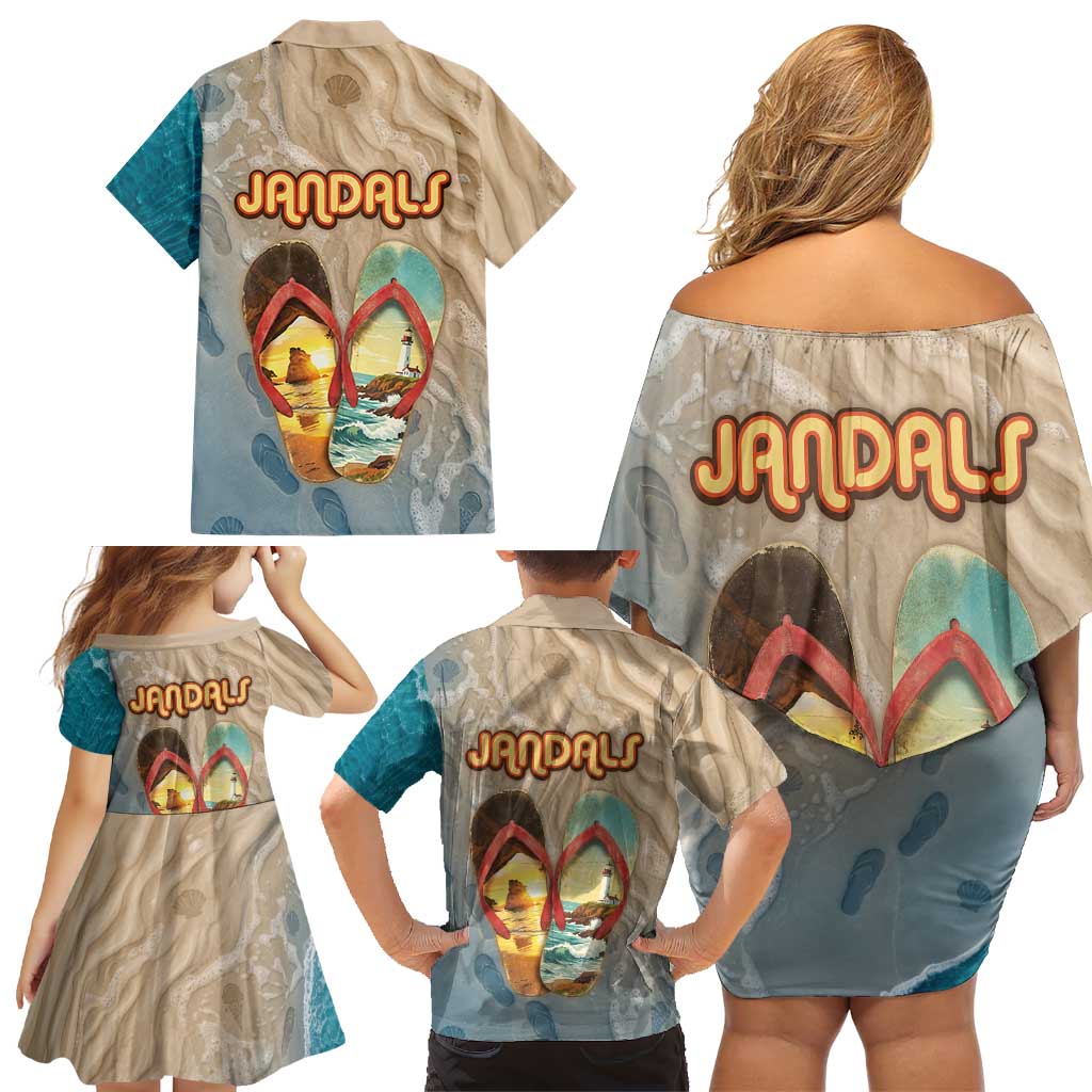 Kiwi Jandal Beach Life Family Matching Off Shoulder Short Dress and Hawaiian Shirt New Zealand Flip Flops Ocean Wave Surf Style
