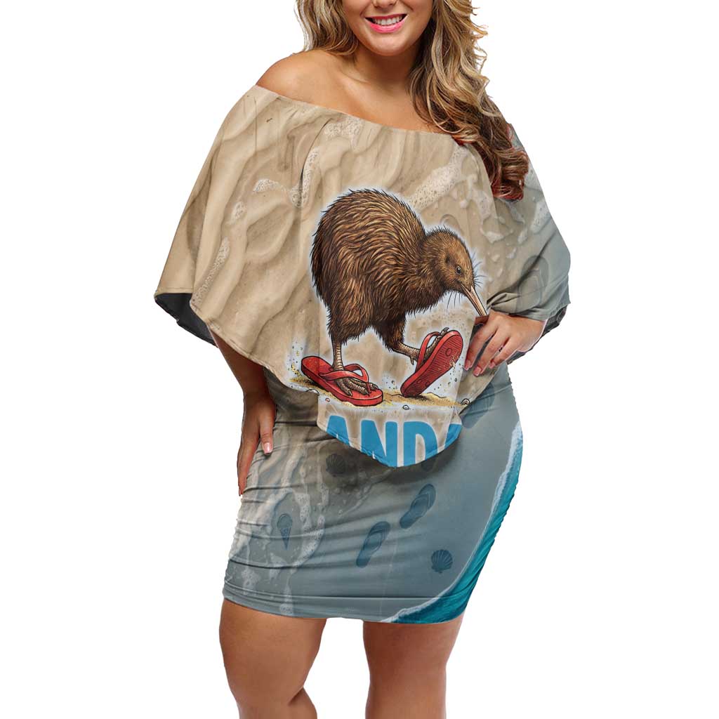 Kiwi Jandal Beach Life Family Matching Off Shoulder Short Dress and Hawaiian Shirt New Zealand Flip Flops Ocean Wave Surf Style