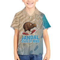 Kiwi Jandal Beach Life Kid Hawaiian Shirt New Zealand Flip Flops Ocean Wave Surf Style TS04 Kid Beige Cyan - Polynesian Pride