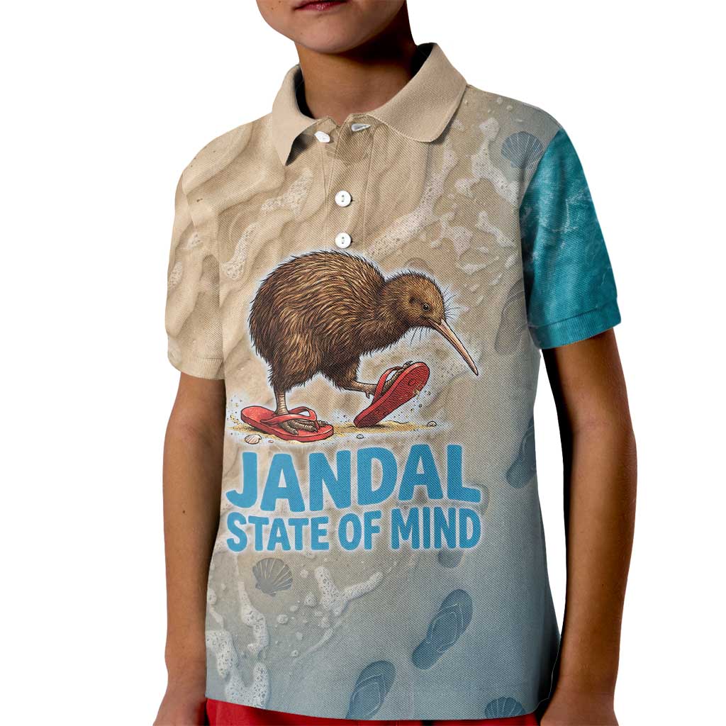 Kiwi Jandal Beach Life Kid Polo Shirt New Zealand Flip Flops Ocean Wave Surf Style TS04 Kid Beige Cyan - Polynesian Pride