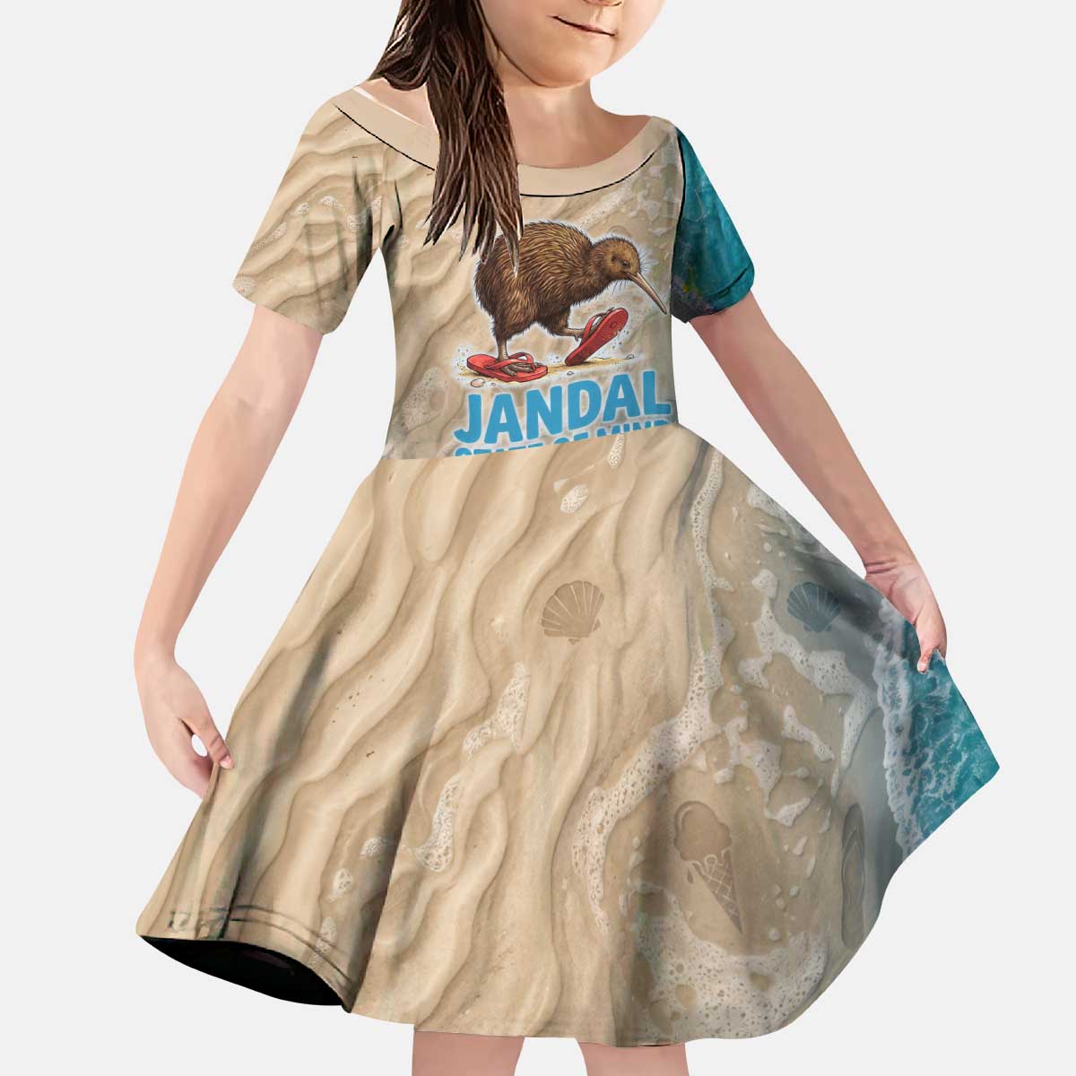 Kiwi Jandal Beach Life Kid Short Sleeve Dress New Zealand Flip Flops Ocean Wave Surf Style TS04 KID Beige Cyan - Polynesian Pride