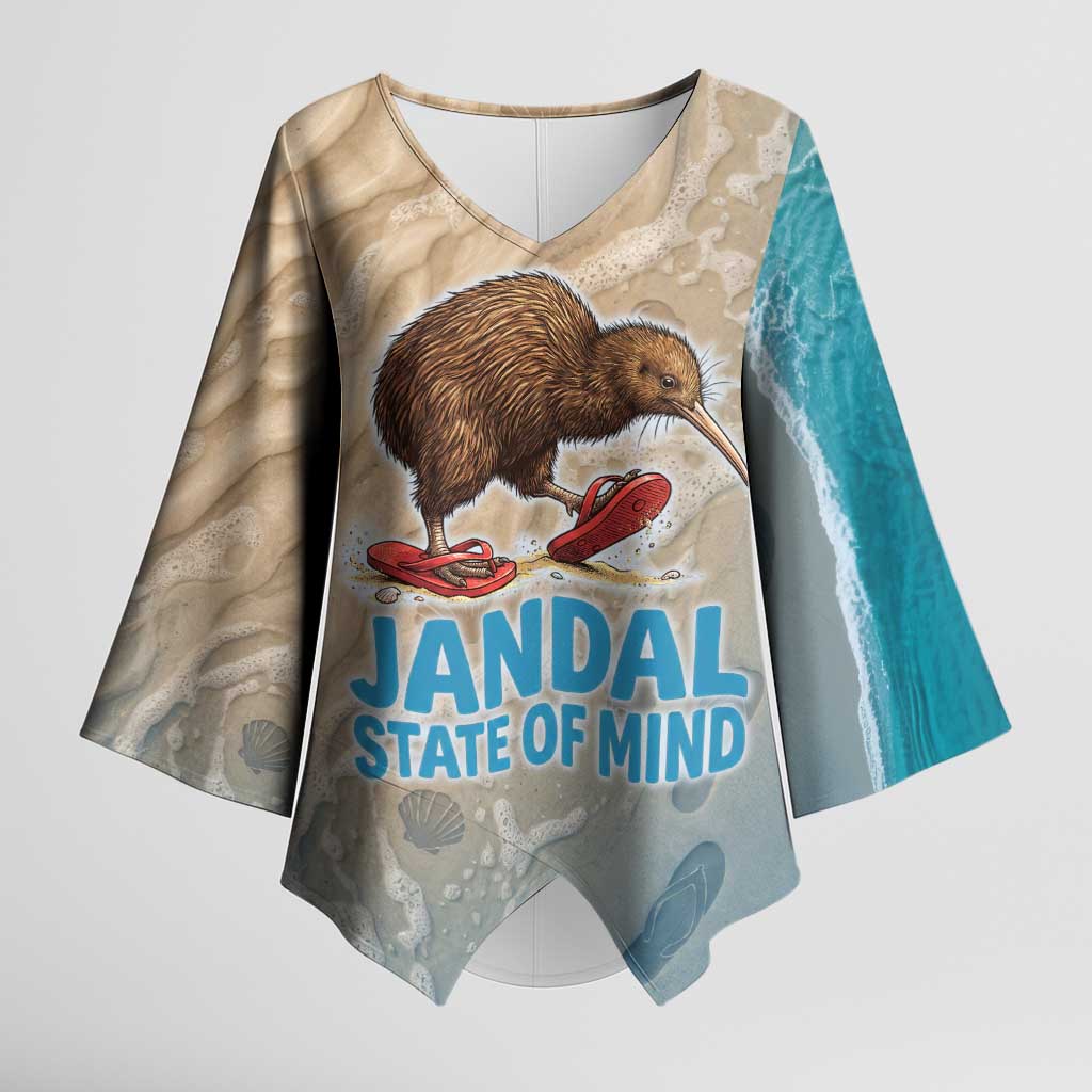 Kiwi Jandal Beach Life Kimono Sleeve Blouse New Zealand Flip Flops Ocean Wave Surf Style TS04 Female Beige Cyan - Polynesian Pride