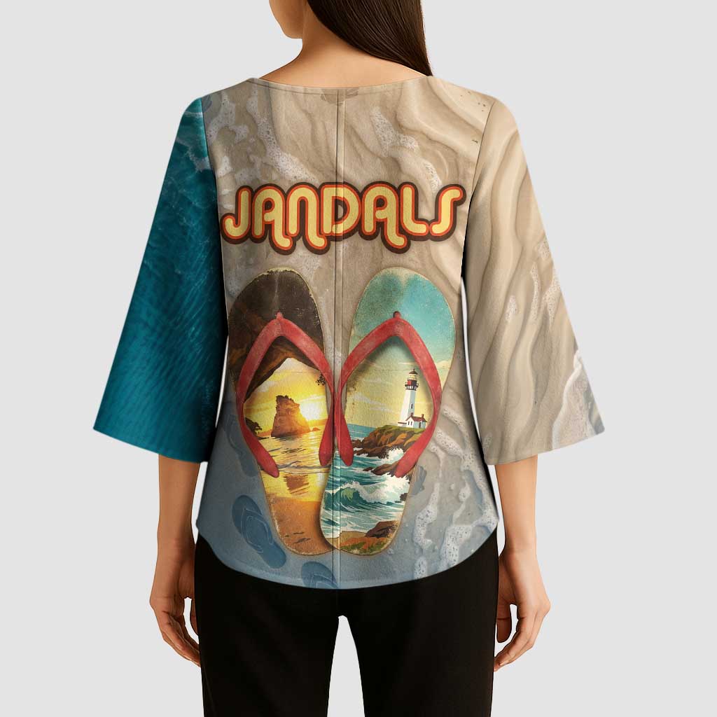 Kiwi Jandal Beach Life Kimono Sleeve Blouse New Zealand Flip Flops Ocean Wave Surf Style TS04 - Polynesian Pride