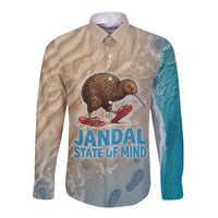 Kiwi Jandal Beach Life Long Sleeve Button Shirt New Zealand Flip Flops Ocean Wave Surf Style TS04 Unisex Beige Cyan - Polynesian Pride