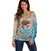 Kiwi Jandal Beach Life Off Shoulder Sweater New Zealand Flip Flops Ocean Wave Surf Style TS04 Women Beige Cyan - Polynesian Pride