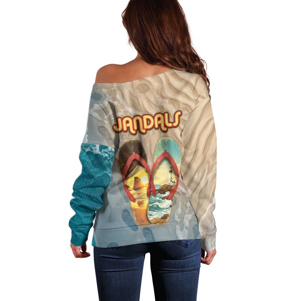 Kiwi Jandal Beach Life Off Shoulder Sweater New Zealand Flip Flops Ocean Wave Surf Style TS04 - Polynesian Pride
