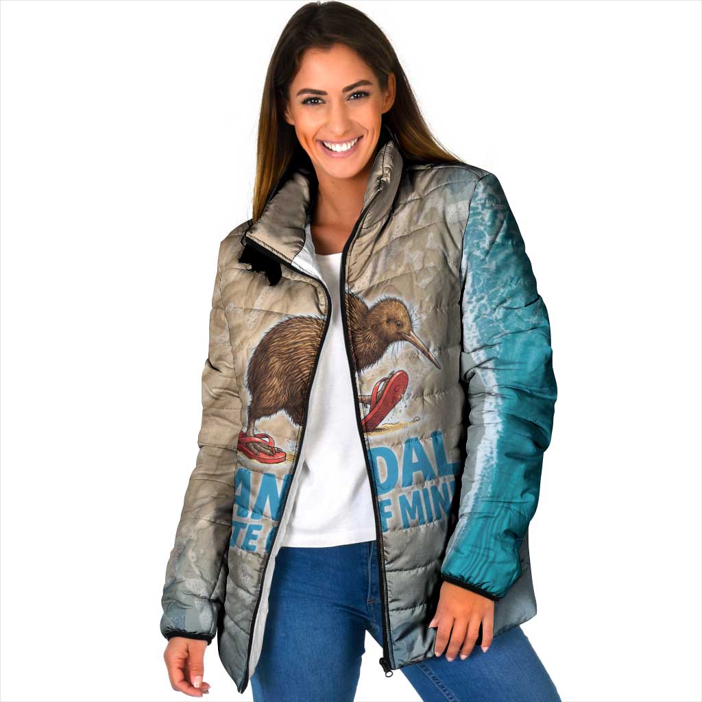 Kiwi Jandal Beach Life Padded Jacket New Zealand Flip Flops Ocean Wave Surf Style TS04 Women Beige Cyan - Polynesian Pride