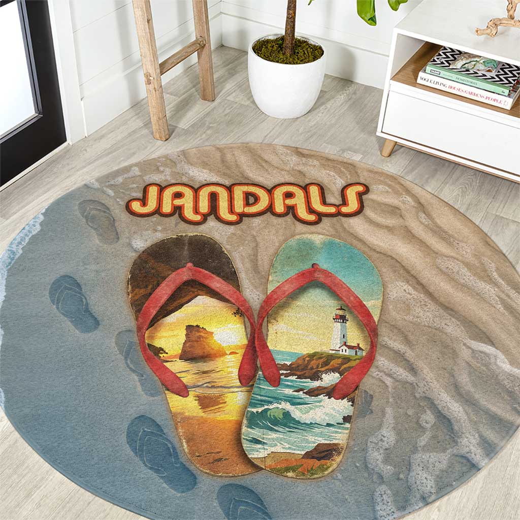 Kiwi Jandal Beach Life Round Carpet New Zealand Flip Flops Ocean Wave Surf Style TS04 Beige Cyan - Polynesian Pride