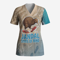 Kiwi Jandal Beach Life Scrub Top New Zealand Flip Flops Ocean Wave Surf Style TS04 Adult Beige Cyan - Polynesian Pride