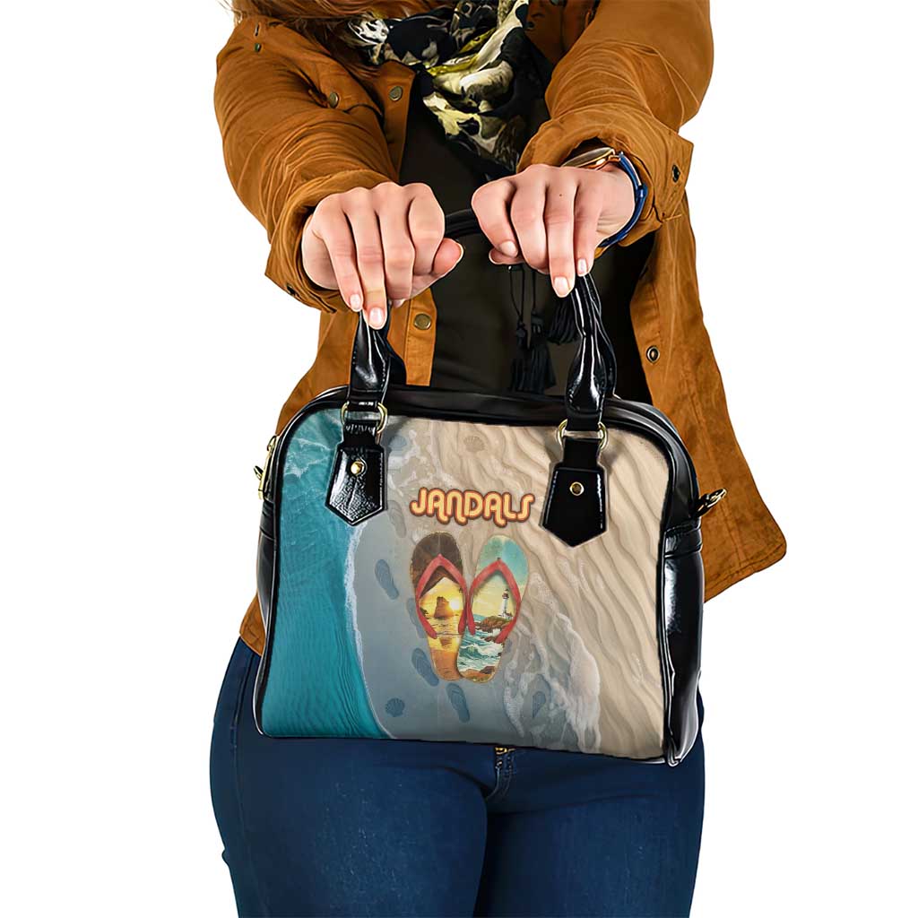 Kiwi Jandal Beach Life Shoulder Handbag New Zealand Flip Flops Ocean Wave Surf Style TS04 One Size Beige Cyan - Polynesian Pride