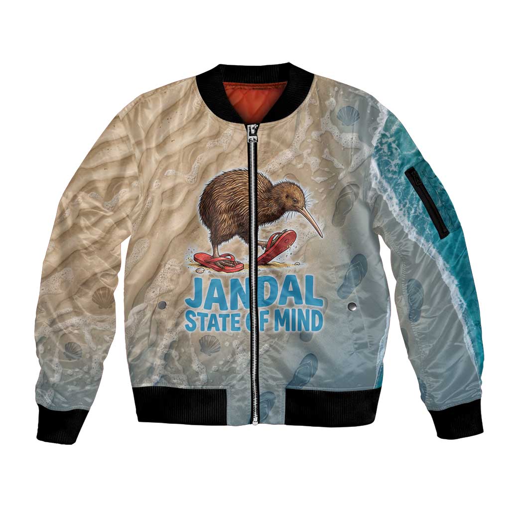 Kiwi Jandal Beach Life Sleeve Zip Bomber Jacket New Zealand Flip Flops Ocean Wave Surf Style