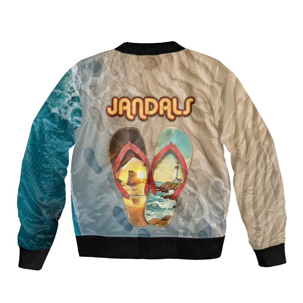 Kiwi Jandal Beach Life Sleeve Zip Bomber Jacket New Zealand Flip Flops Ocean Wave Surf Style