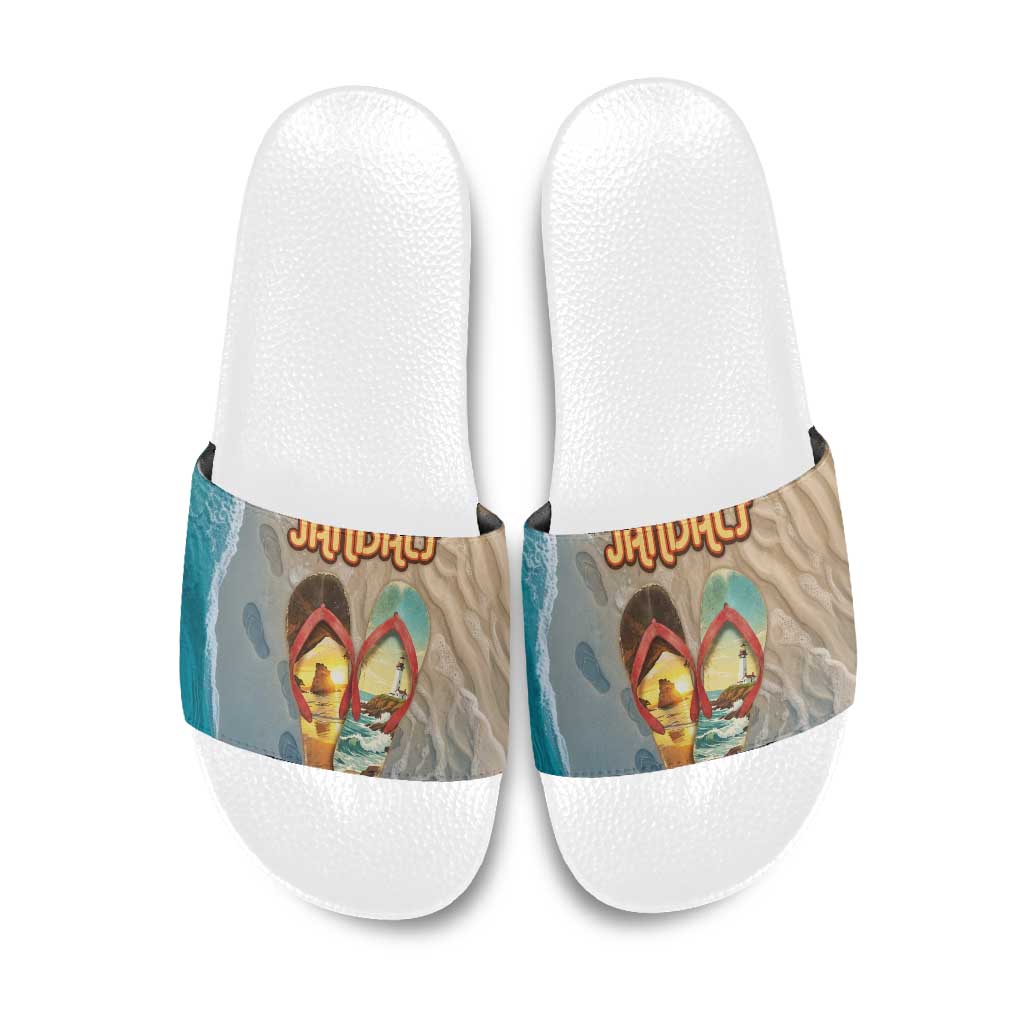Kiwi Jandal Beach Life Slide Sandals New Zealand Flip Flops Ocean Wave Surf Style TS04 Beige Cyan - Polynesian Pride