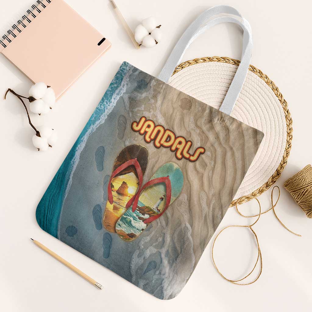 Kiwi Jandal Beach Life Tote Bag New Zealand Flip Flops Ocean Wave Surf Style TS04 White Strap One Size Beige Cyan - Polynesian Pride