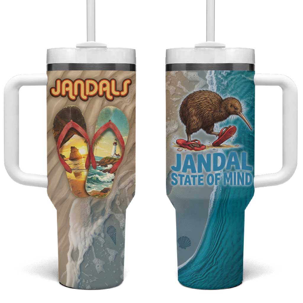 Kiwi Jandal Beach Life Tumbler With Handle New Zealand Flip Flops Ocean Wave Surf Style TS04 One Size: 40 oz Beige Cyan - Polynesian Pride