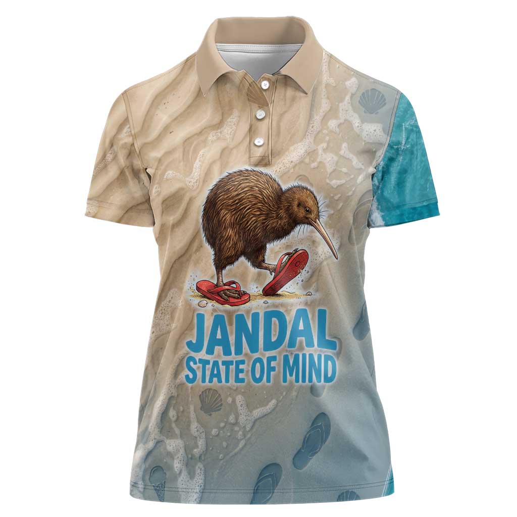 Kiwi Jandal Beach Life Women Polo Shirt New Zealand Flip Flops Ocean Wave Surf Style TS04 Female Beige Cyan - Polynesian Pride