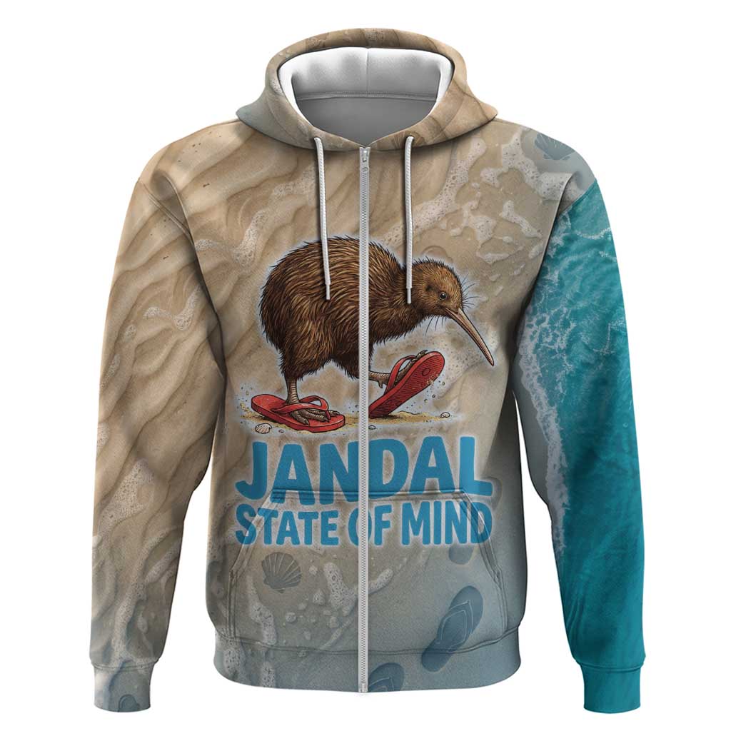 Kiwi Jandal Beach Life Zip Hoodie New Zealand Flip Flops Ocean Wave Surf Style TS04 Zip Hoodie Beige Cyan - Polynesian Pride