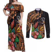 Polynesian Rottweiler Couples Matching Off Shoulder Maxi Dress and Long Sleeve Button Shirts Polynesian Pattern And Rottweiler TS04 Black - Polynesian Pride