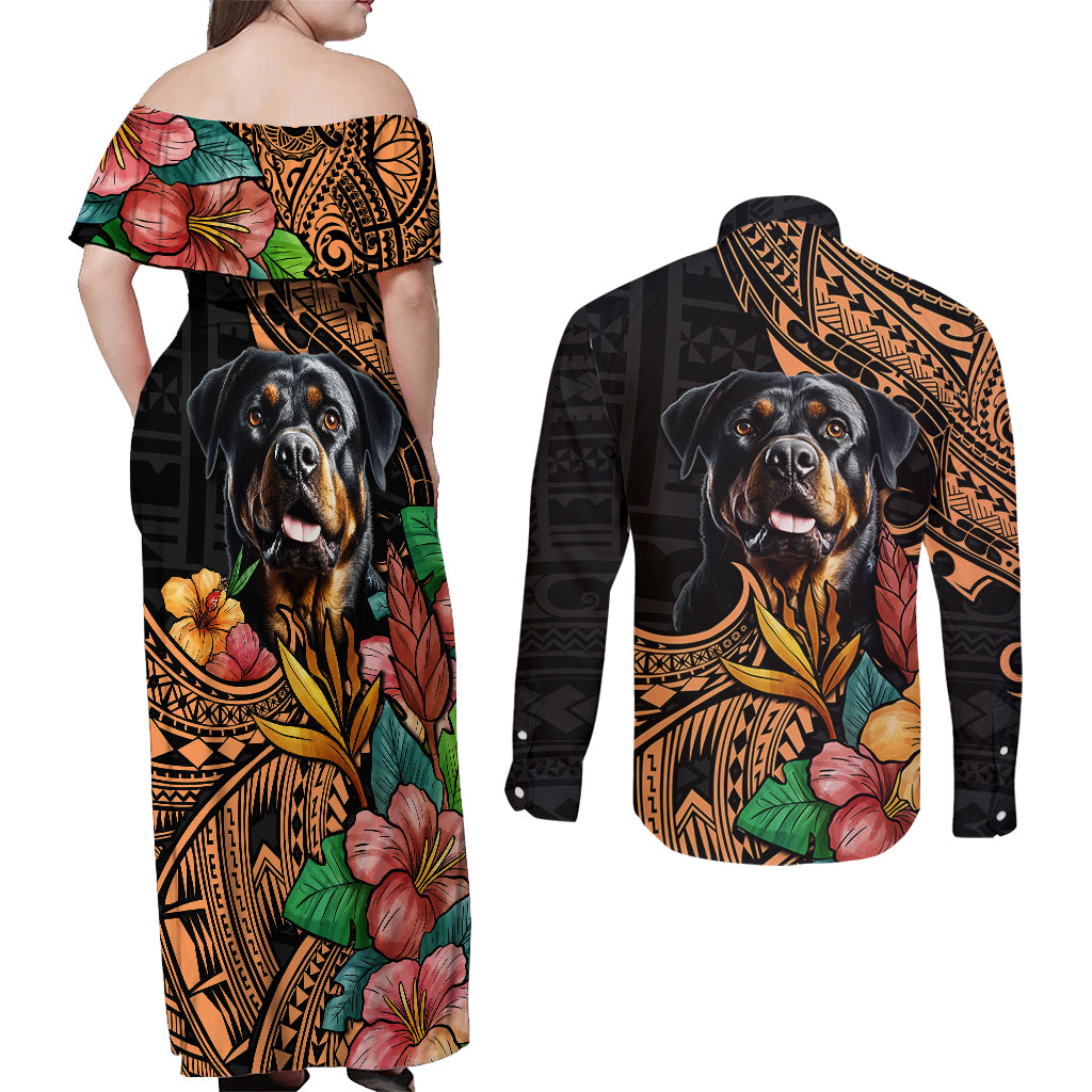 Polynesian Rottweiler Couples Matching Off Shoulder Maxi Dress and Long Sleeve Button Shirts Polynesian Pattern And Rottweiler TS04 - Polynesian Pride