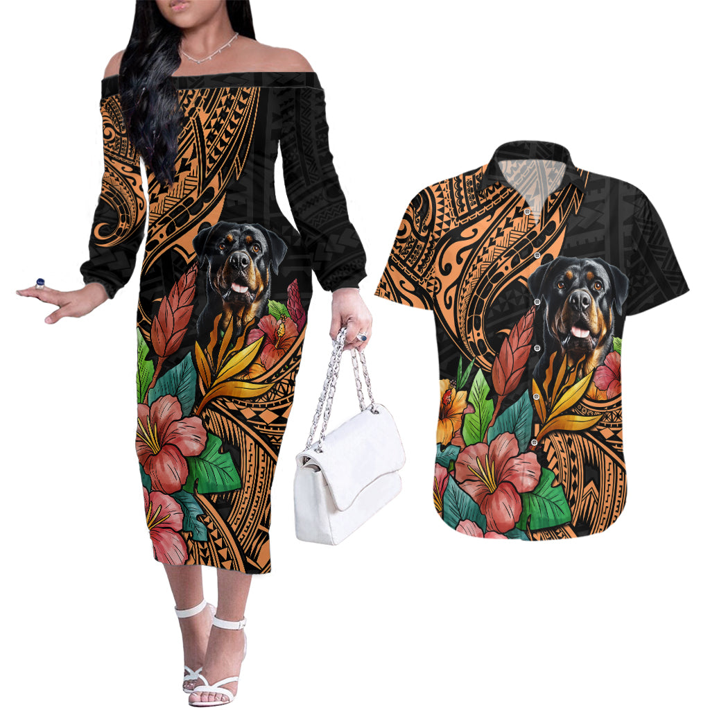 Polynesian Rottweiler Couples Matching Off The Shoulder Long Sleeve Dress and Hawaiian Shirt Polynesian Pattern And Rottweiler TS04 Black - Polynesian Pride