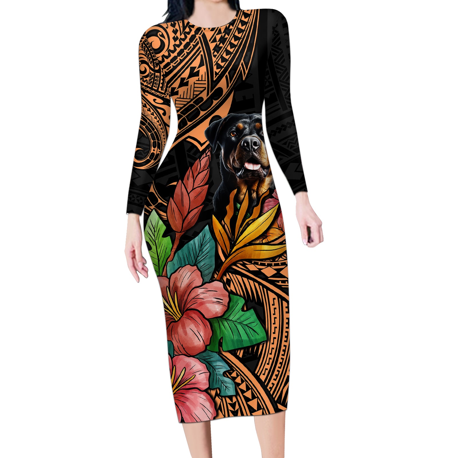 Polynesian Rottweiler Long Sleeve Bodycon Dress Polynesian Pattern And Rottweiler TS04 Long Dress Black - Polynesian Pride