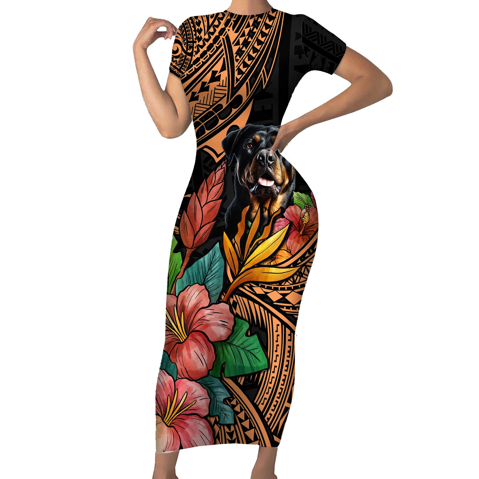 Polynesian Rottweiler Short Sleeve Bodycon Dress Polynesian Pattern And Rottweiler TS04 Long Dress Black - Polynesian Pride