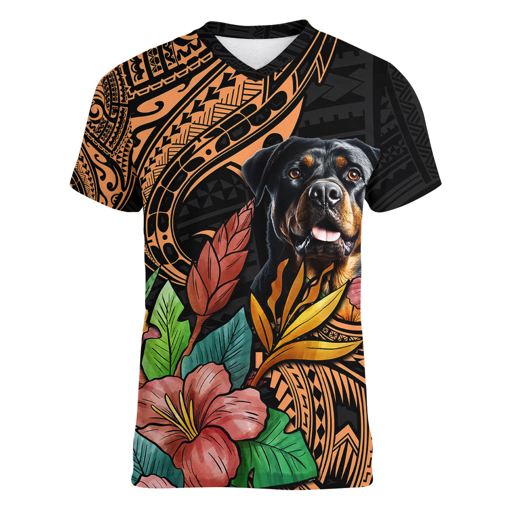 Polynesian Rottweiler Women V Neck T Shirt Polynesian Pattern And Rottweiler TS04 Female Black - Polynesian Pride