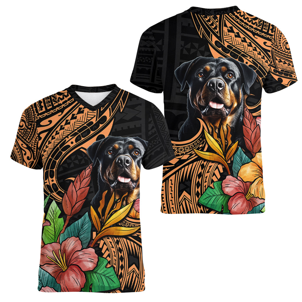 Polynesian Rottweiler Women V Neck T Shirt Polynesian Pattern And Rottweiler TS04 - Polynesian Pride