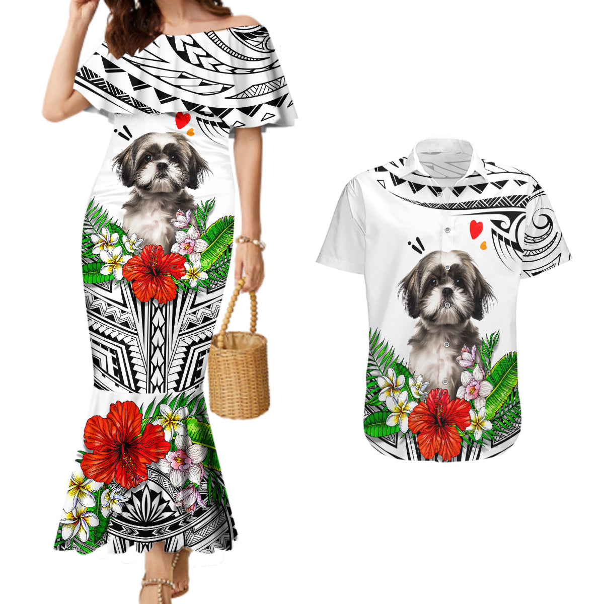 Polynesian Shih Tzu Couples Matching Mermaid Dress and Hawaiian Shirt Polynesian Pattern And Shih Tzu TS04 White - Polynesian Pride