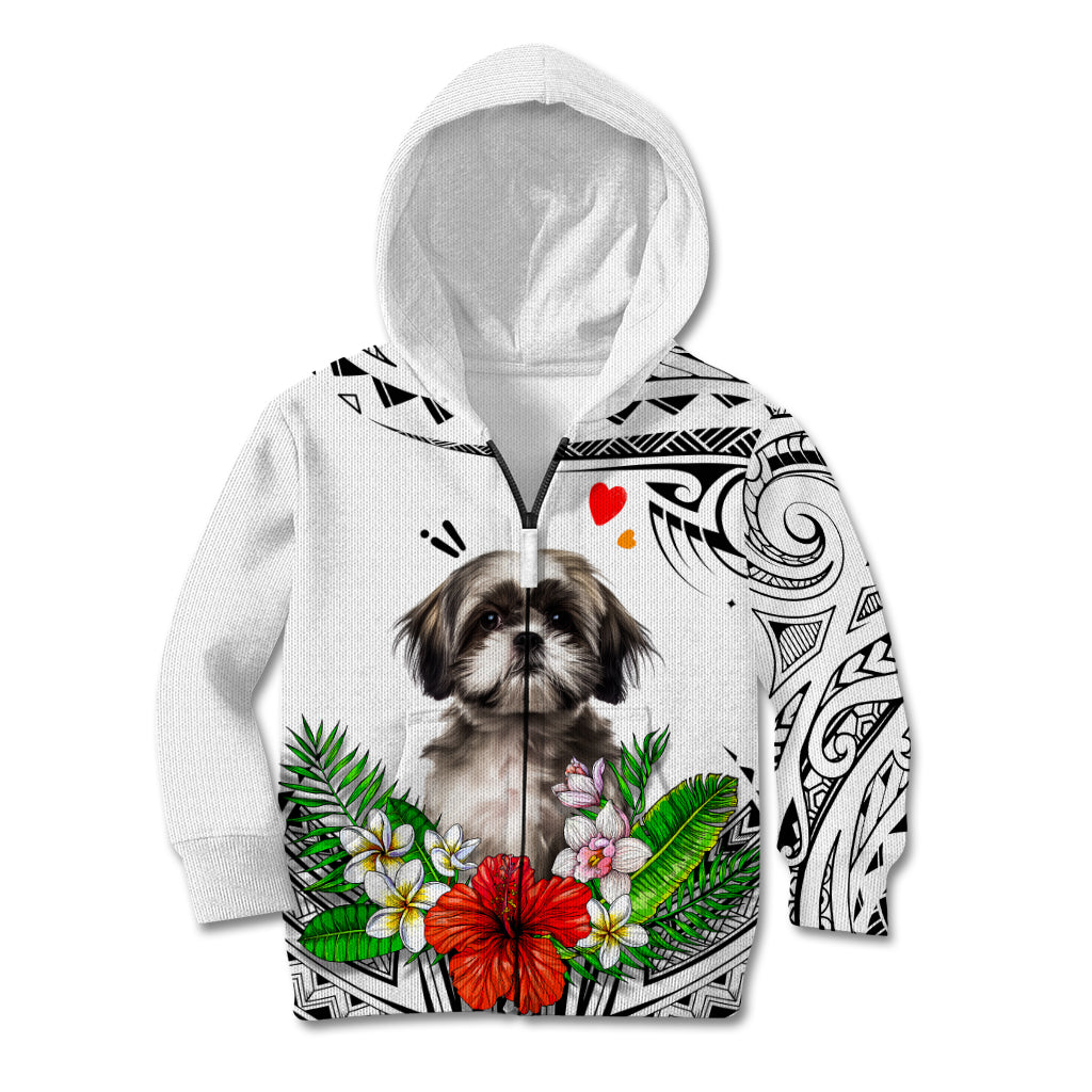 Polynesian Shih Tzu Kid Hoodie Polynesian Pattern And Shih Tzu TS04 Zip Hoodie White - Polynesian Pride
