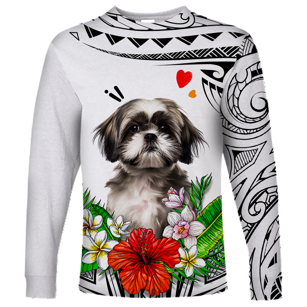 Polynesian Shih Tzu Long Sleeve Shirt Polynesian Pattern And Shih Tzu TS04 Unisex White - Polynesian Pride