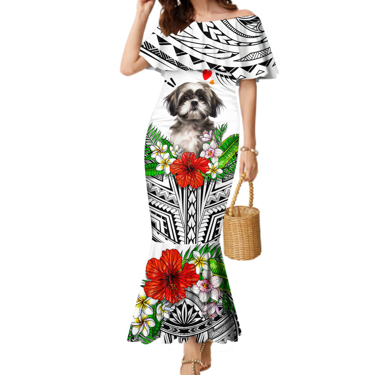 Polynesian Shih Tzu Mermaid Dress Polynesian Pattern And Shih Tzu TS04 Women White - Polynesian Pride