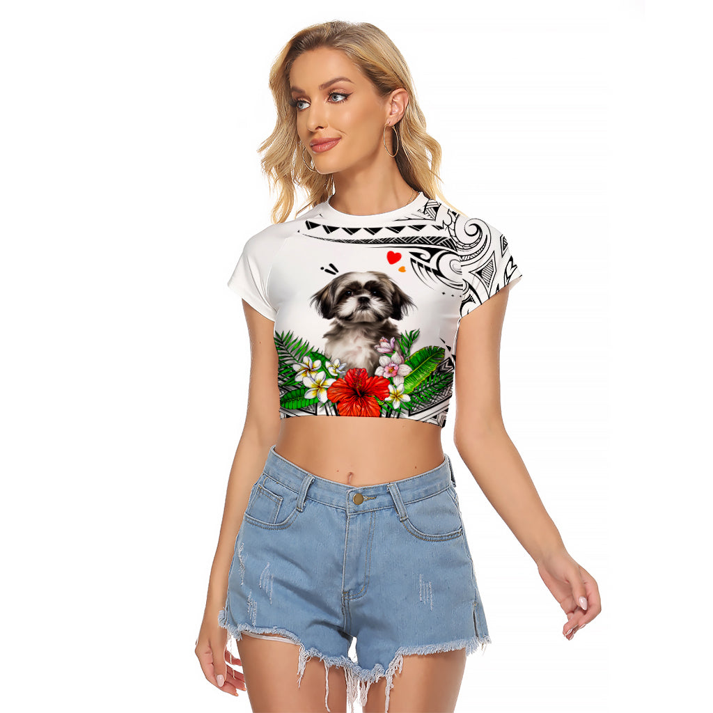 Polynesian Shih Tzu Raglan Cropped T Shirt Polynesian Pattern And Shih Tzu TS04 Female White - Polynesian Pride