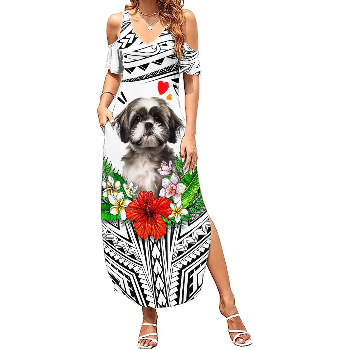 Polynesian Shih Tzu Summer Maxi Dress Polynesian Pattern And Shih Tzu TS04 Women White - Polynesian Pride