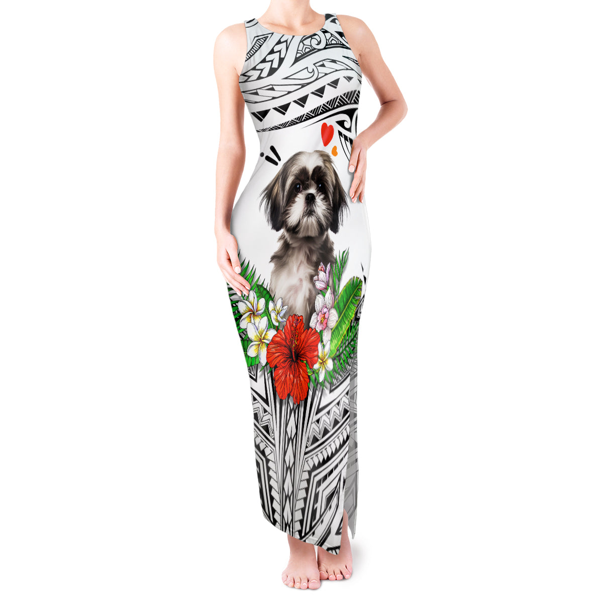 Polynesian Shih Tzu Tank Maxi Dress Polynesian Pattern And Shih Tzu TS04 Women White - Polynesian Pride