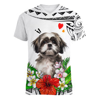 Polynesian Shih Tzu Women V Neck T Shirt Polynesian Pattern And Shih Tzu TS04 Female White - Polynesian Pride