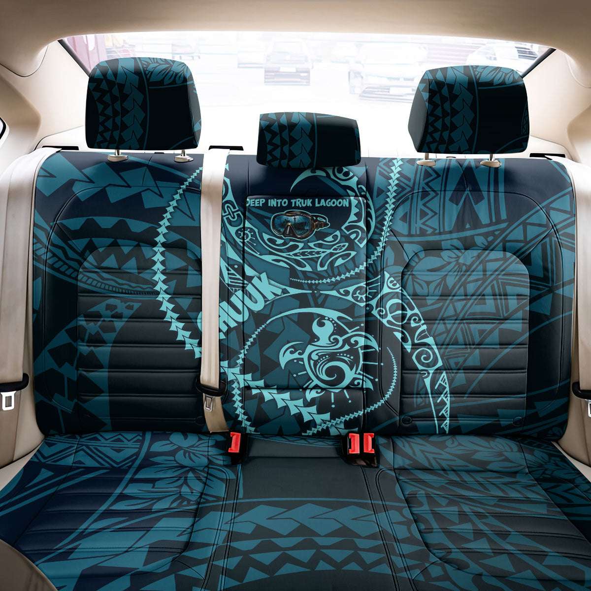 Chuuk Deep Into Truk Lagoon Back Car Seat Cover Polynesian Tribal Pattern Wreck Diving Teal Ship Art