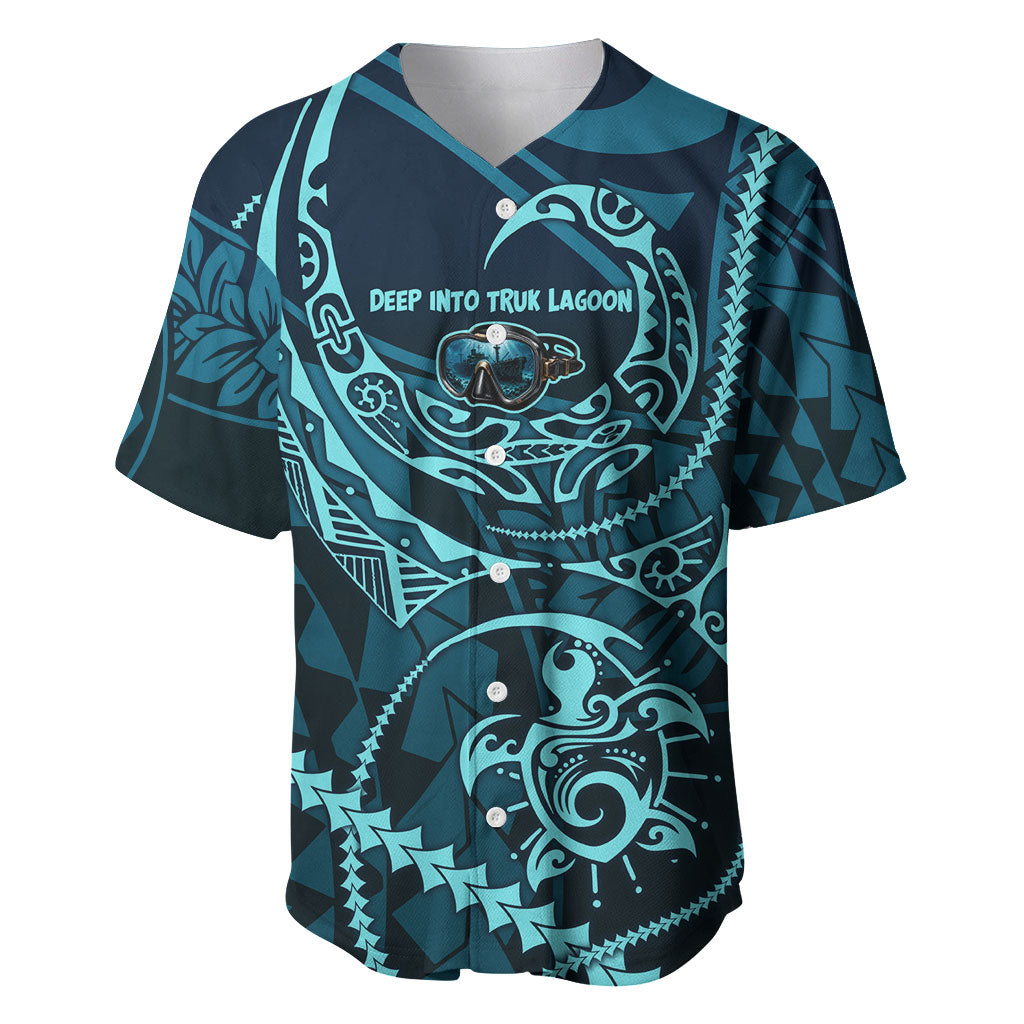 Chuuk Deep Into Truk Lagoon Baseball Jersey Polynesian Tribal Pattern Wreck Diving Teal Ship Art TS04 Blue Black - Polynesian Pride