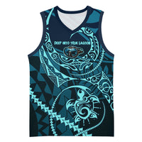 Chuuk Deep Into Truk Lagoon Basketball Jersey Polynesian Tribal Pattern Wreck Diving Teal Ship Art
