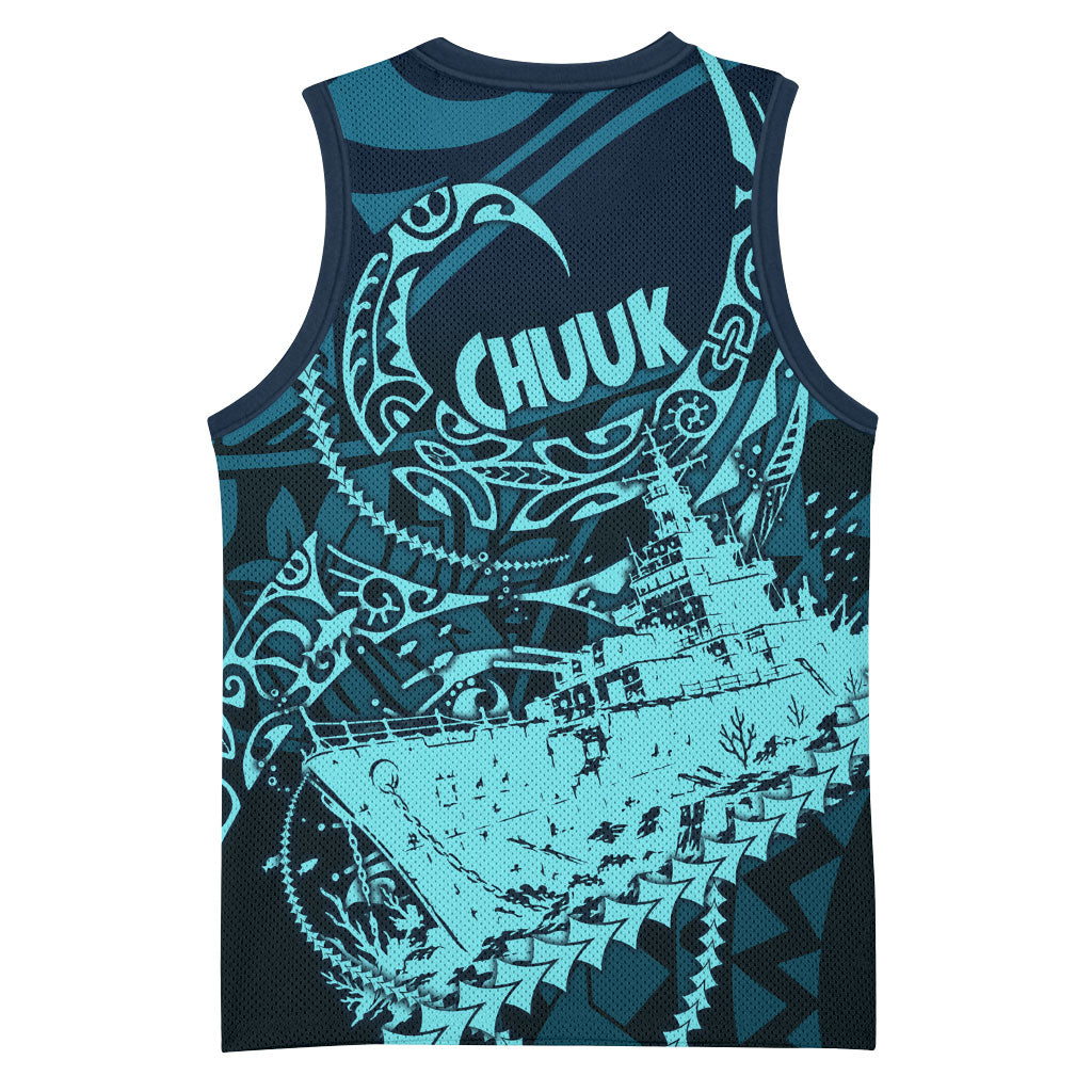 Chuuk Deep Into Truk Lagoon Basketball Jersey Polynesian Tribal Pattern Wreck Diving Teal Ship Art