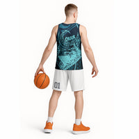 Chuuk Deep Into Truk Lagoon Basketball Jersey Polynesian Tribal Pattern Wreck Diving Teal Ship Art