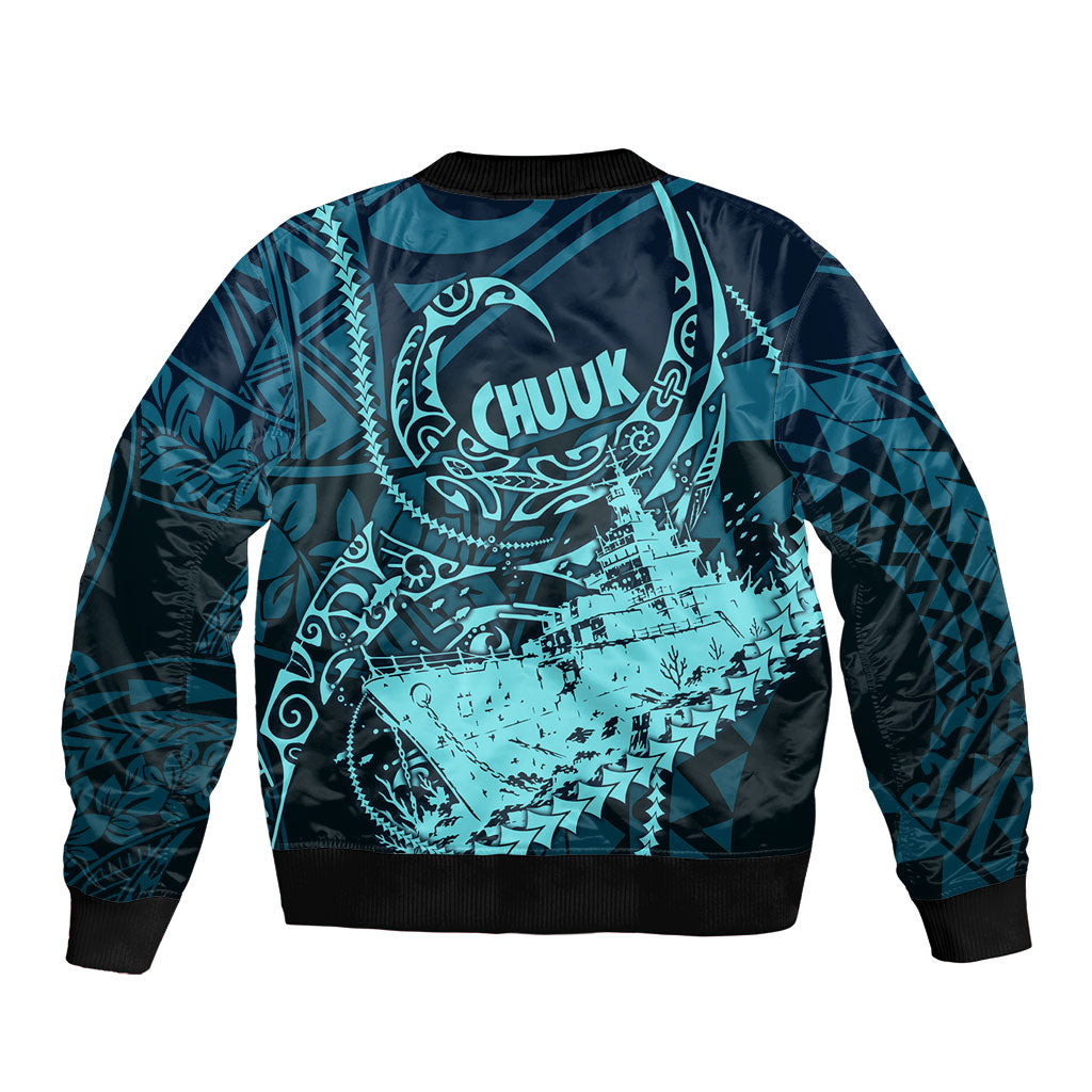 Chuuk Deep Into Truk Lagoon Bomber Jacket Polynesian Tribal Pattern Wreck Diving Teal Ship Art