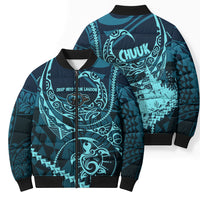 Chuuk Deep Into Truk Lagoon Bomber Puffer Jacket Polynesian Tribal Pattern Wreck Diving Teal Ship Art