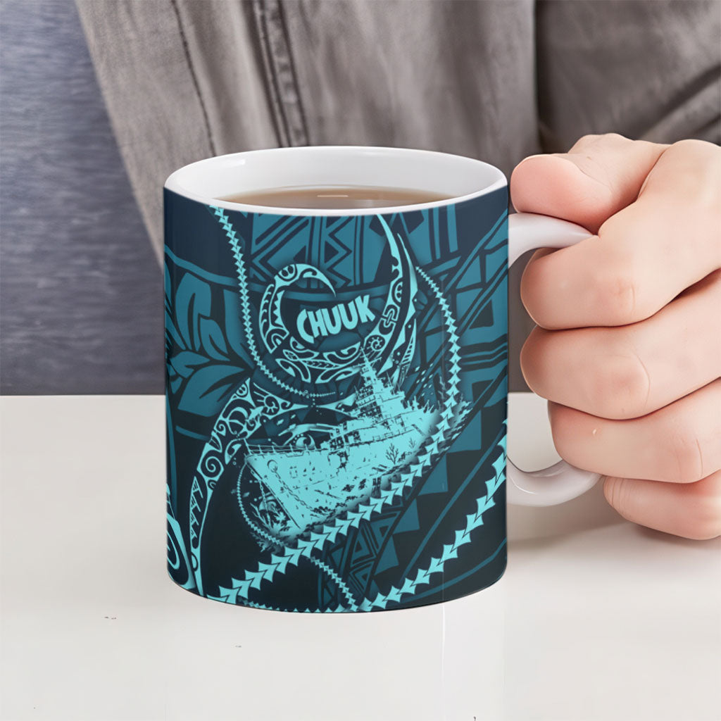 Chuuk Deep Into Truk Lagoon Ceramic Mug Polynesian Tribal Pattern Wreck Diving Teal Ship Art
