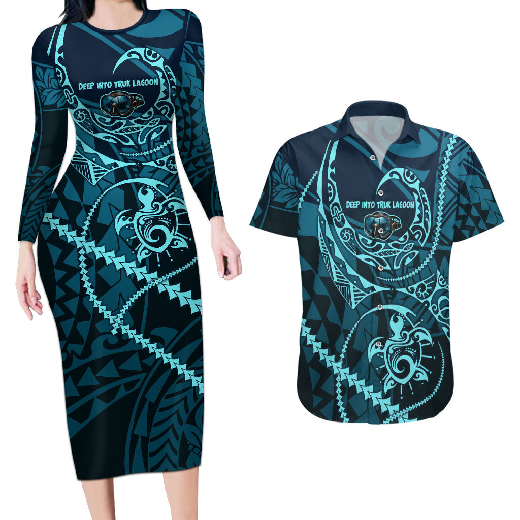 Chuuk Deep Into Truk Lagoon Couples Matching Long Sleeve Bodycon Dress and Hawaiian Shirt Polynesian Tribal Pattern Wreck Diving Teal Ship Art