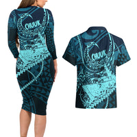 Chuuk Deep Into Truk Lagoon Couples Matching Long Sleeve Bodycon Dress and Hawaiian Shirt Polynesian Tribal Pattern Wreck Diving Teal Ship Art