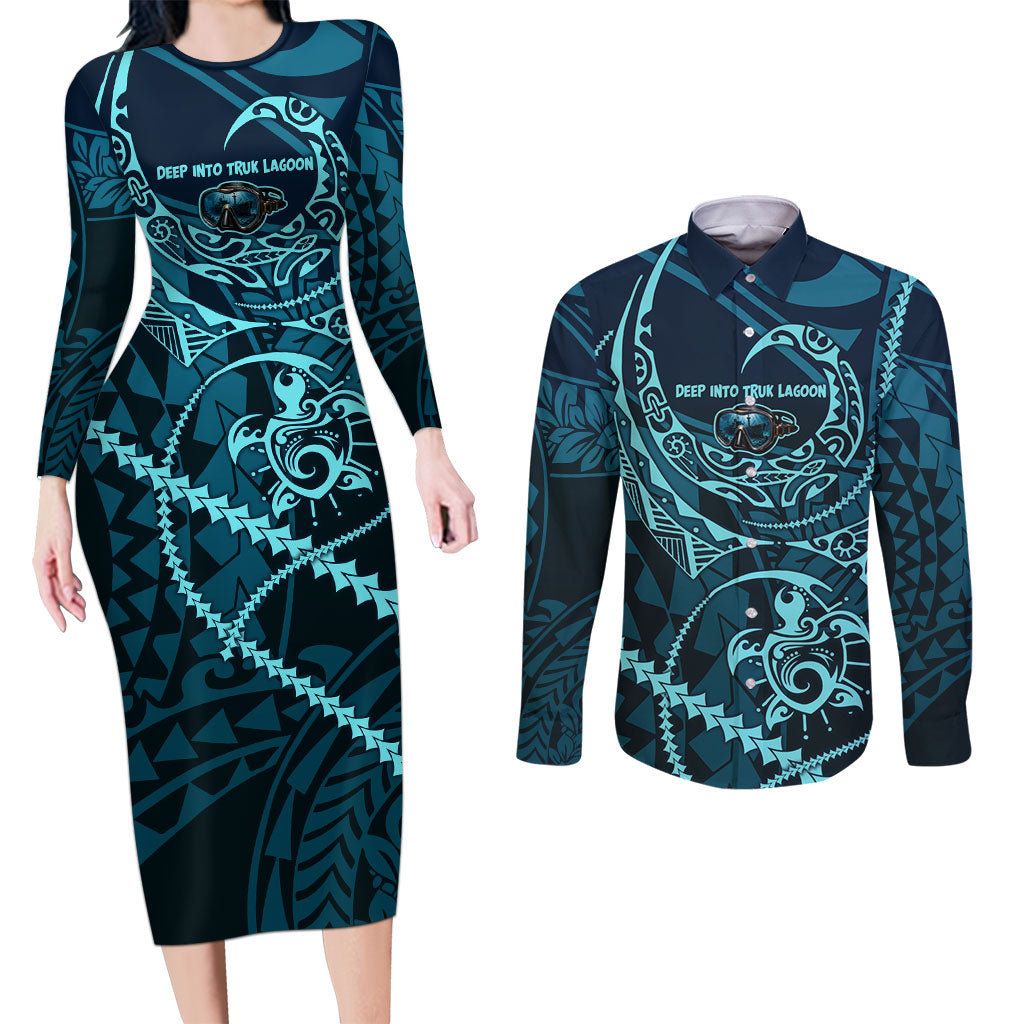 Chuuk Deep Into Truk Lagoon Couples Matching Long Sleeve Bodycon Dress and Long Sleeve Button Shirt Polynesian Tribal Pattern Wreck Diving Teal Ship Art