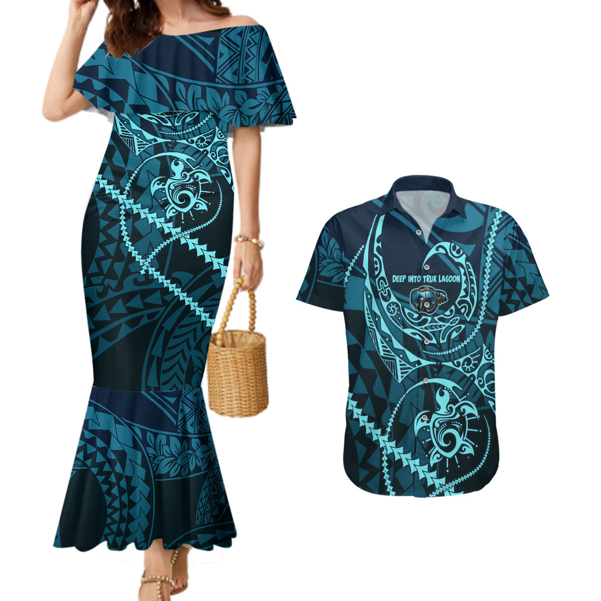 Chuuk Deep Into Truk Lagoon Couples Matching Mermaid Dress and Hawaiian Shirt Polynesian Tribal Pattern Wreck Diving Teal Ship Art TS04 Blue Black - Polynesian Pride