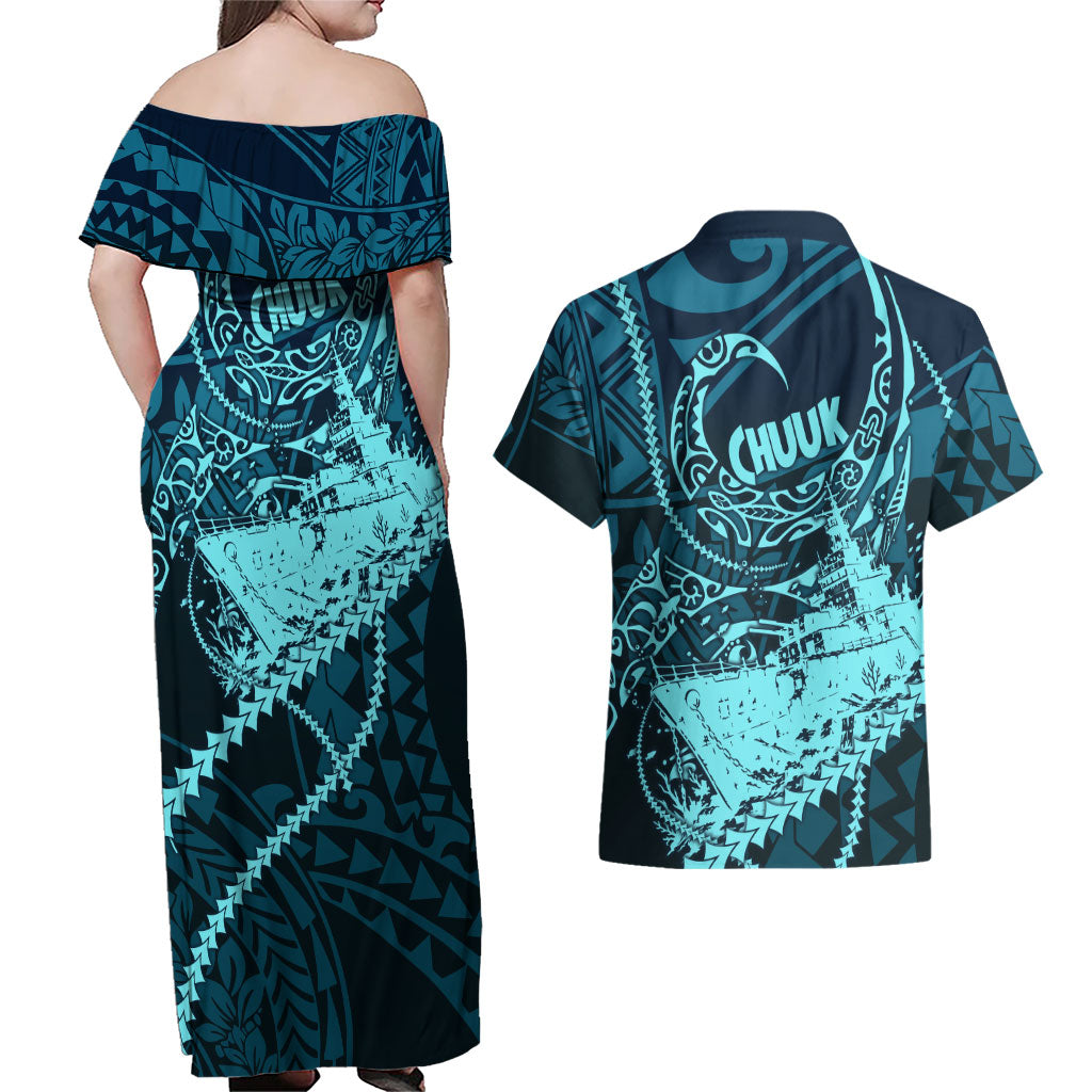 Chuuk Deep Into Truk Lagoon Couples Matching Off Shoulder Maxi Dress and Hawaiian Shirt Polynesian Tribal Pattern Wreck Diving Teal Ship Art
