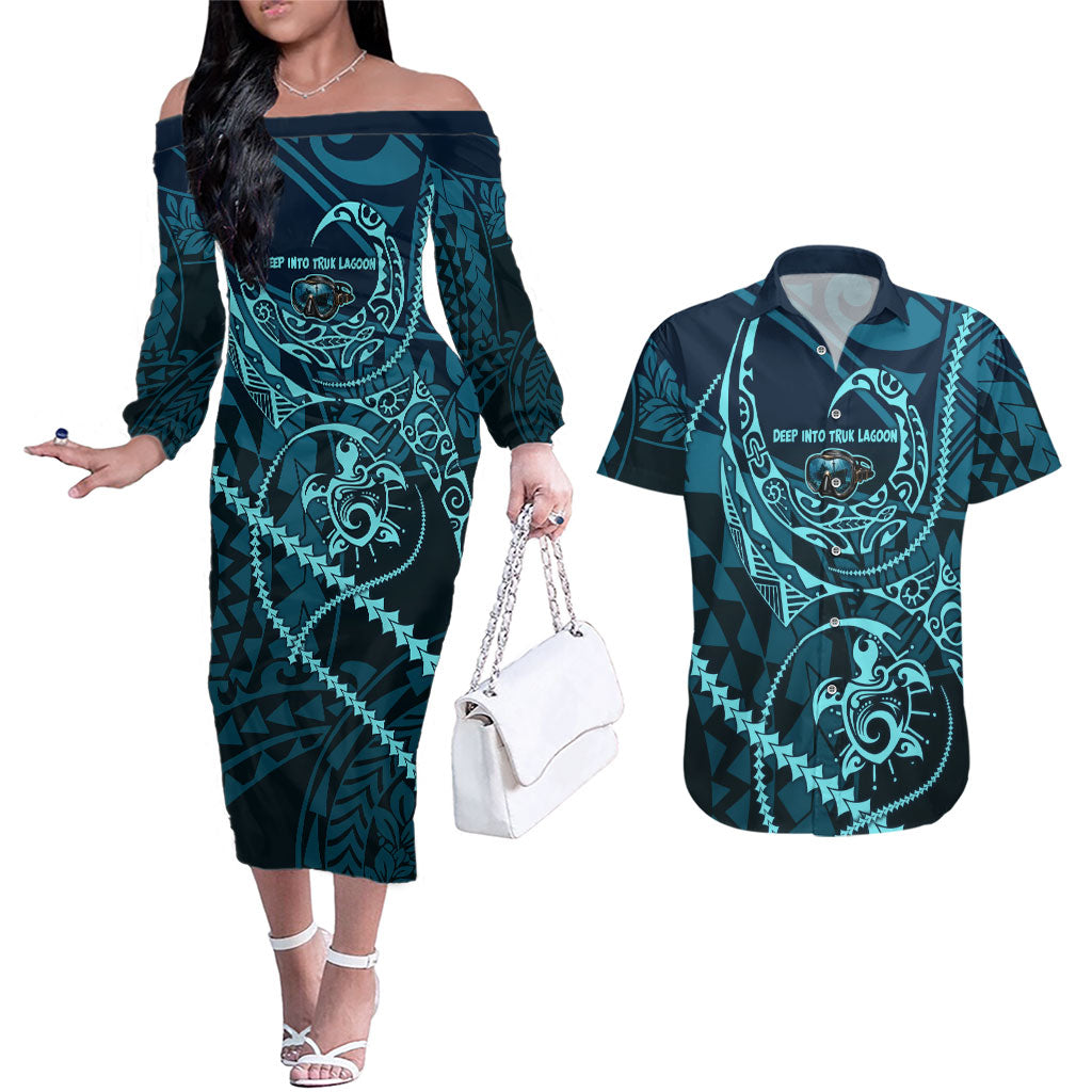Chuuk Deep Into Truk Lagoon Couples Matching Off The Shoulder Long Sleeve Dress and Hawaiian Shirt Polynesian Tribal Pattern Wreck Diving Teal Ship Art TS04 Blue Black - Polynesian Pride
